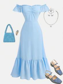 SHEIN Girlism Teen Girls Elegant Ruffled Off Shoulder Wedding/Wedding Guest Dress, With Ruffle Hem - Blue - View 1