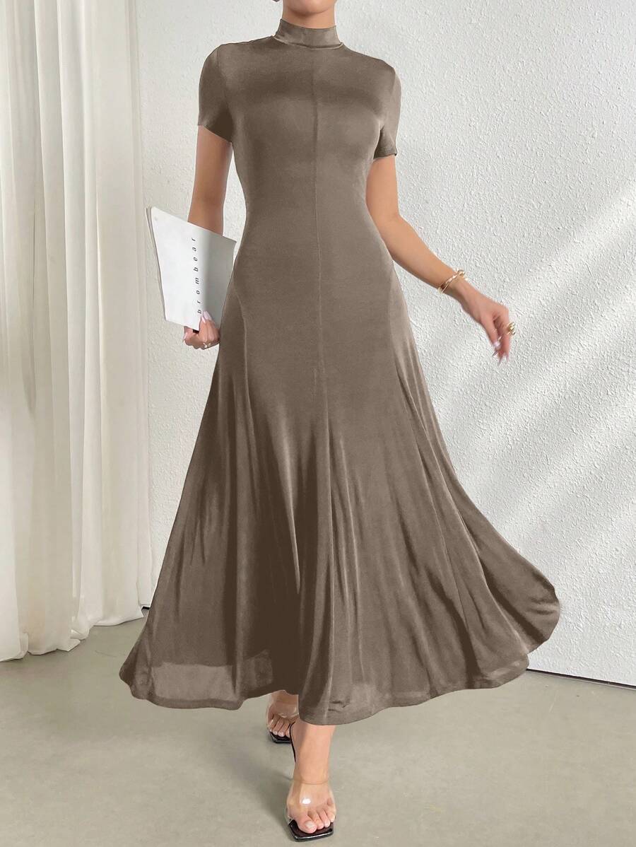 Modelyn 女式简约纯色小立领短袖飘逸连衣裙,夏季 - 駝色 - 查看 1