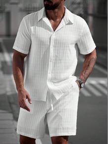 Manfinity Homme 2 件男士纯色短袖单排扣衬衫和短裤套装，休闲男士夏季服装男士衬衫套装男士衣服男士衬衫套装男士短裤套装男士衬衫套装