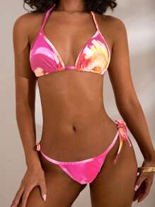 Opulessa Women's Summer Floral Print Halter Tie-Up Sexy Bikini Swimsuit Set - Pink - View 6