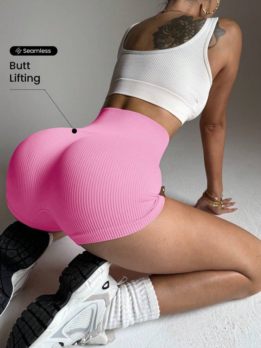 Gameset SHEIN Sport Quần short yoga bó liền mạch màu trơn cho nữ Quần đùi thể thao nữ, Quần đùi tập gym, Quần đùi đi xe đạp - Màu Hồng baby - Xem 1