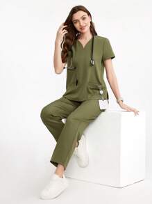 Scrubzie Women's Solid V-Neck Short Sleeve Pocket Scrub Uniform Top - Army Green - View 3