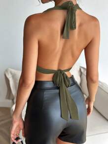 Aloruh Women's Deep Draped Neck Drape Collar Ruched Top With Metal Decor, Sexy And Elegant - Army Green - View 2