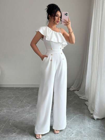 Elenzga Women's Ruffled Asymmetrical Neck Jumpsuit, Summer New Arrival