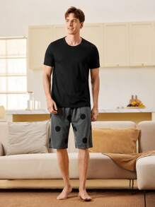 CoupledUp 男士短袖圆领T恤和短裤睡衣套装，夏季时尚，男友礼物 - 黑色 - 查看 5