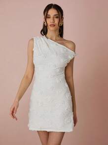 Enchnt Women's White Floral Elegant Summer Wedding Guest Mini Dress,Sloping Shoulders 3D Texture Graduation,Vacation&Sweet Date Party Outfit - White - View 4