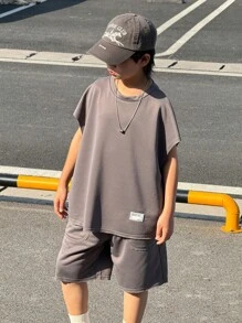 Tween Boys' Casual Street Fashion Loose Fit Solid Color Versatile Comfortable Tank Top & Shorts Set, Suitable For Commuting, School, Daily Wear, Sports, Spring/Summer - Grey - View 6