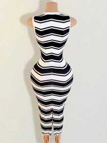 BamGleam Women's Sleeveless Contrast Color Stripe Fringe Hem Slim Dress