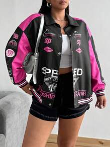POPSWAY Plus Size Women's Pink Stylish Letter Print Patchwork Drop Shoulder Long Sleeve Jacket Winter Fall Autumn - Hot Pink - View 7