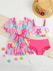 3pcs Set Baby/Toddler Girls Cute Floral Print Tankini Swimsuit (Print Design Random)