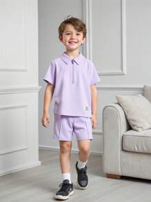 SHEIN 2pcs/Set Young Boy Letter Print Short Sleeve Casual Polo Shirt T-Shirt + Shorts Outfit - Mauve Purple - View 3