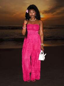 Slaydiva Elegant Beach Vacation Textured Bandeau Waisted Wide-Leg Jumpsuit, Magenta