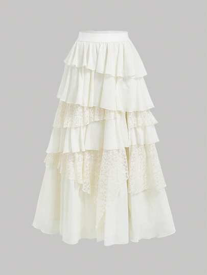 SHEIN MOD Boho-Western Elegance: 70s Flowy Chiffon & Lace Maxi Skirt In Apricot - Your Effortless Companion For Golden Hour Picnics & Bohemian Adventures,Vacation,Boho,Country Concert,Raves Festival,Brunch,Beach Vacations,European Summer