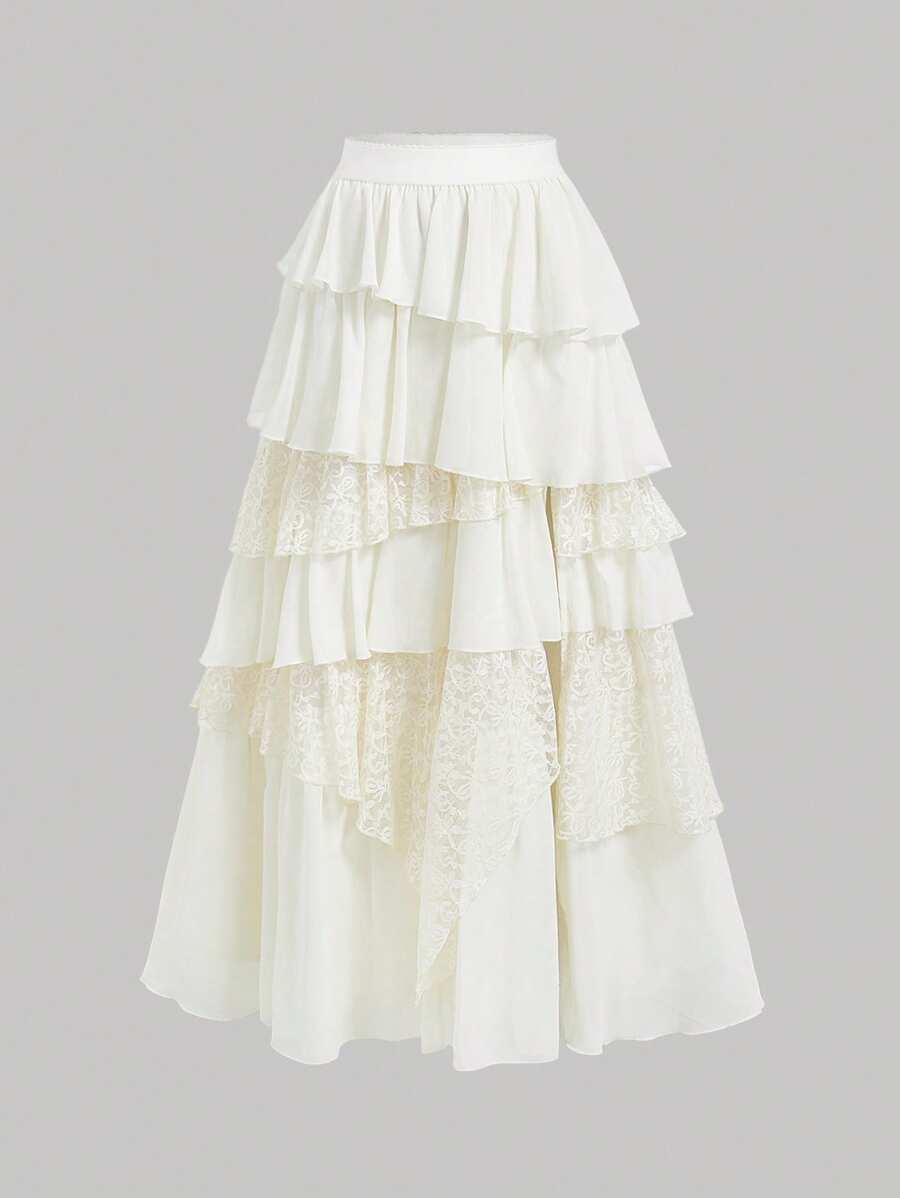 SHEIN MOD Sự thanh lịch theo phong cách Boho-Western: Chân váy dài bằng vải voan và ren bồng bềnh thập niên 70 màu mơ - Người bạn đồng hành dễ dàng cho những buổi dã ngoại giờ vàng & những chuyến phiêu lưu theo phong cách Bohemian, Kỳ nghỉ, Boho, Hòa nhạc đồng quê, Lễ hội Raves, Bữa sáng muộn, Kỳ nghỉ biển, Mùa hè châu Âu - Màu be - Xem 1