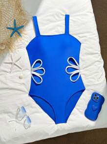 SHEIN Nuevo traje de baño de una pieza con corte hueco lateral en color liso para adolescentes a la moda - azul real - Ver 2