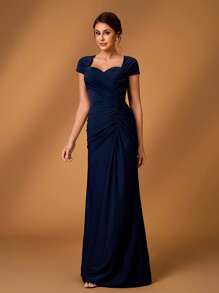 Serin 优雅简约高端深蓝色心形领口褶皱短袖修身鱼尾连衣裙，适合晚宴、单身派对、音乐节、盛会、度假、婚礼、新娘及伴娘等场合。 - 藏蓝色 - 查看 6