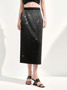 SHEIN LUNE Women's Black Long Woven Fabric Skirt With Rhinestone Embellishments Fall Cloth For Women - Black - View 3
