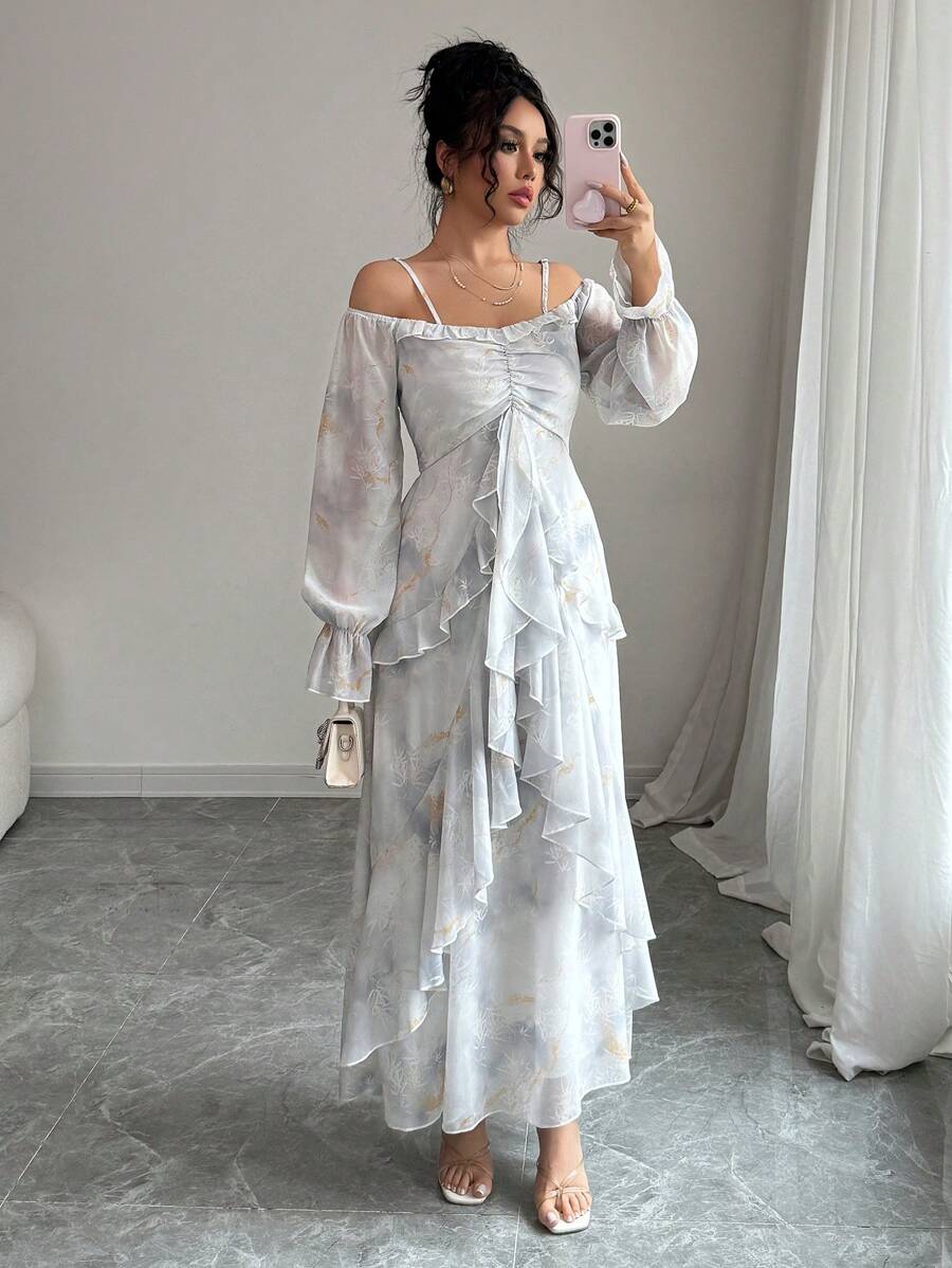 Elenzga Women's New Tie-Dye Ruffle Hem Summer Dress Fall Cloth For Women - Dusty Blue - View 1