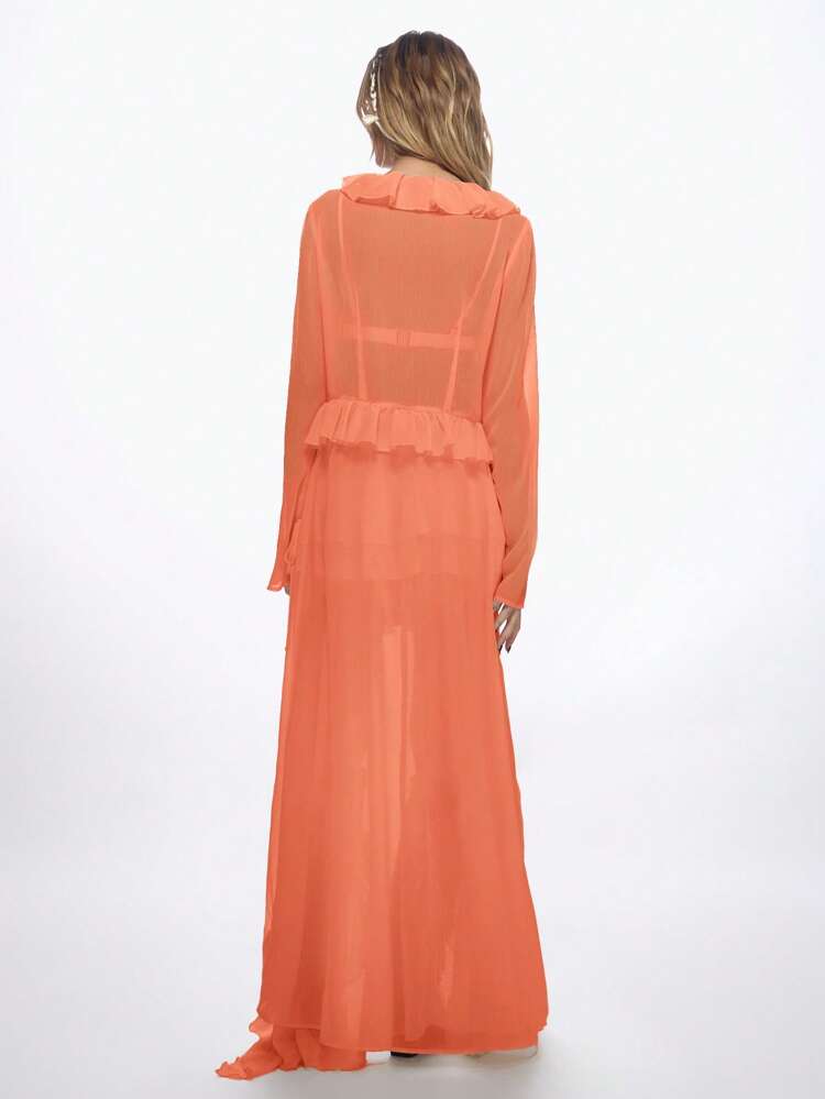 MISSGUIDED シースルーフリルロングラインタイフロントブラウス