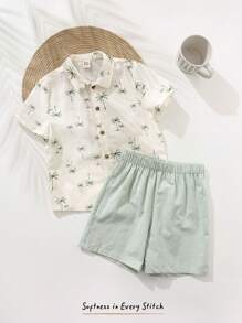 Cozy Pixies Set de 2 piezas compuesto por un cárdigan de manga corta con cuello y estampado de palmeras, y un short de cintura elástica para niñas