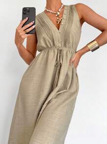 Siren Gaze 新款夏季女式纯色深 V 领 A 字型无袖连衣裙、女士休闲夏装、亚麻沙滩裙、波西米亚长裙