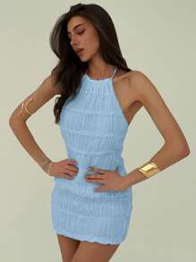 Aloruh Romantic Vacation Halter Backless Sexy Mini Textured Ruched Women Dress, Spring/Summer - Baby Blue - View 6
