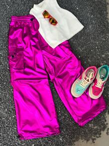 Coolane Kids Tween Girls Spring/Summer Back To School Fashionable Drawstring High Waist Wide Leg Cargo Pants Rose Red Glossy Reflective Material, Suitable For Street Dance And Hip-Hop - Hot Pink - View 2