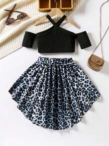 SHEIN Young Girls Sets Structured Short-Sleeved Top With Leopard Print Skirt - Black - View 2