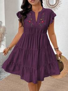 SHEIN Clasi V-Neck Embroidered Floral Ruffled A-Line Plus Size Dress - Purple - View 1