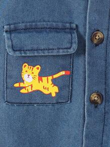 1pc Baby Boys Collared Button-Up Overalls, Lion, Monkey, Tiger, Giraffe Print Blue Washed Denim Long Pants, Cartoon Design, Fashionable, Convenient Button-Up, Suitable For Summer - Blue - View 8