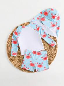 男婴夏季螃蟹印花上衣和随机印花泳裤泳衣套装（含泳帽） - 彩色 - 查看 2