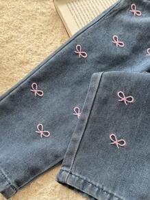 Vintaside Kids Baby Girl Cute And Versatile Denim Bow Detail Pants - Blue - View 4