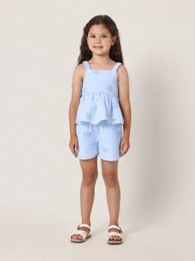 SUMWON Summer Seersucker Butterfly Embroidered Two-Piece Outfit Holiday Sleeveless Top Shorts Matching Set Kids Spring Beach Casual Vacation Wear