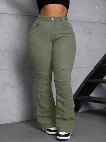 SHEIN SXY Plus Size Women Denim Elastic Retro Side Pleated Flare Pants, Slimming  Summer Outfits For Women Festival Outfits