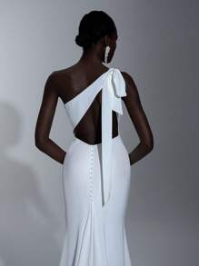Elitara 女士优雅白色露背婚纱，带不对称荷叶边下摆，新娘 - 白色 - 查看 6
