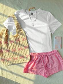 SHEIN EZwear Minimalist Casual Cherry Bow & Letter Print Short Sleeve T-Shirt For Women, Suitable For Summer