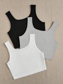 SHEIN EZwear paquete de 3 Camisetas sin mangas ajustadas de talla corta en colores negro, blanco y gris, apropiadas para el verano