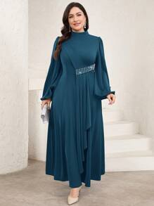 Veilorie Plus Size Women Arabic Style Solid Color Long Sleeve Dress, Fashionable For Summer, Modest Teal - Blue - View 3