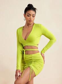 LUNA B Neon Green Solid Color Deep V Neck Overlap Tie-Up Long Sleeves Crop Top Summer Clothes Beach - Green - View 6
