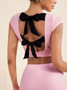 LUNA B Solid Pink Boat Neck Short Sleeves Black Bow Fitted Crop Top Summer Beach - Pink - View 5