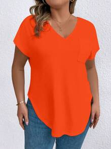 EMERY ROSE Plus Size Solid Color V-Neck Asymmetrical Hem Short Sleeve T-Shirt, Suitable For Summer - Orange - View 5