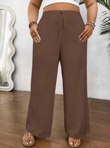 Calvaya Plus Size Casual Versatile Solid Color Straight Leg Pants Fall Cloth For Women - Coffee Brown - View 3