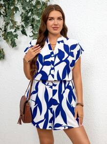 SHEIN LUNE Plus-Size Summer Boho Jumpsuit With Asymmetrical Geometric Print For Women - Blue and White - View 3