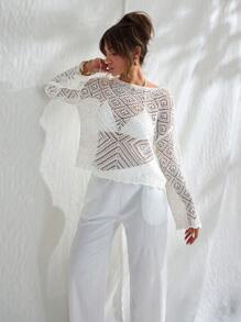 RueChic Femme Cache-col couleur unie à col rond et manches larges avec motif ajouré