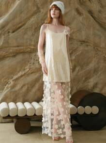 SHEIN LUNE 女士优雅亮片拼接3D花卉网眼连衣裙，夏季，舞会礼服，复活节礼服女士，金色连衣裙 - 杏色 - 查看 7