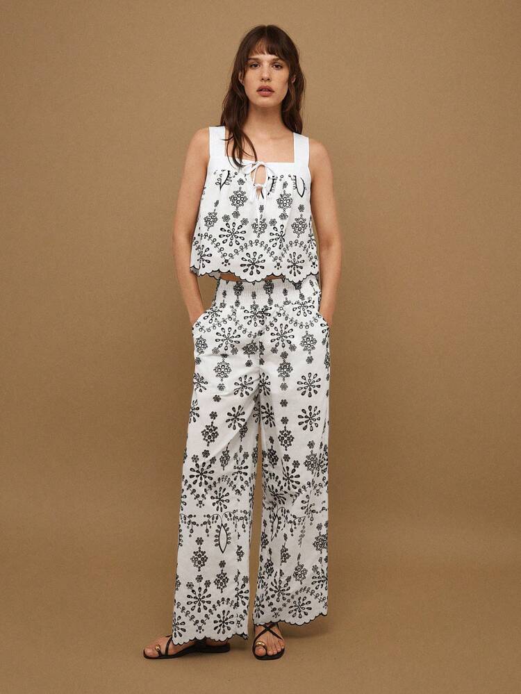 SHEIN Maija Damskie spodnie z szerokimi nogawkami, swobodne, haftowane, wakacyjne, damskie, biznesowe, casualowe, wakacyjne, boho, boho, dla kobiet