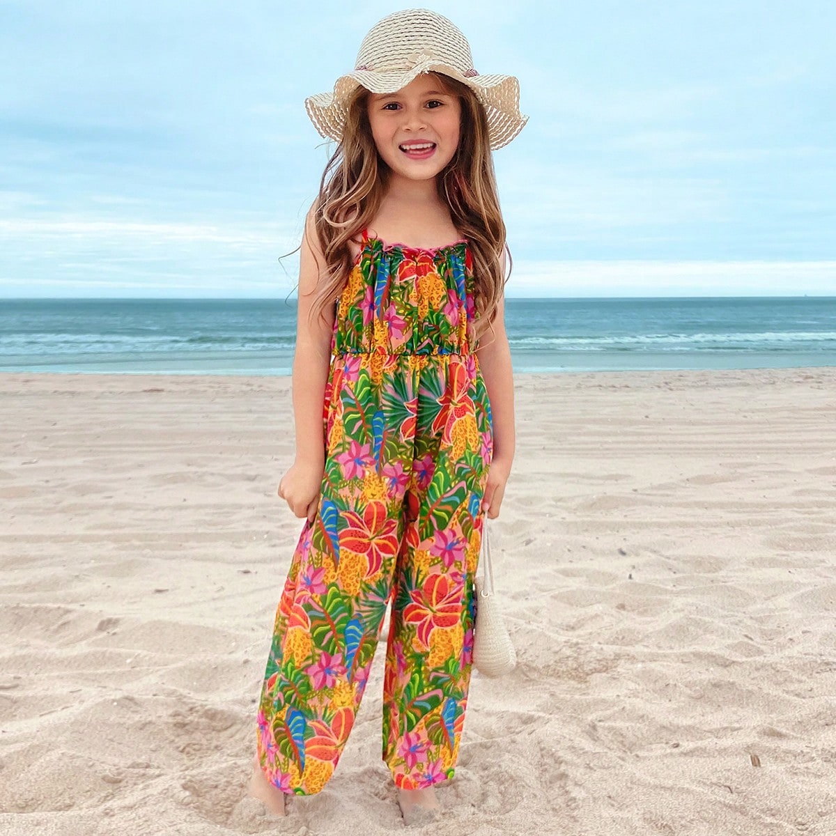 Monos casuales minimalistas y cómodos con estampado floral y volantes para niñas jóvenes