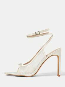 CUCCOO HITCHD White Mesh Lace Ankle Strap Pearl Embellished Chunky High Heel Sandals, Elegant Romantic Fashion Summer Bride Wedding Party Dress Shoes - White - View 9