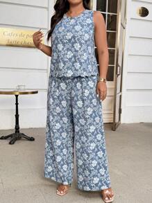 SHEIN Clasi Plus Size Women Summer Sleeveless Backless Bowknot Print Top And Jacquard Pants 2Pcs Set - Blue and White - View 4