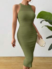 SHEIN Clasi 女士无袖休闲简约纹理褶皱毛衣连衣裙 - 軍綠色 - 查看 4
